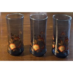 Vintage 1970's Libbey Orange Poppies Franco Blue Tumblers Glasses Set of 3 MCM